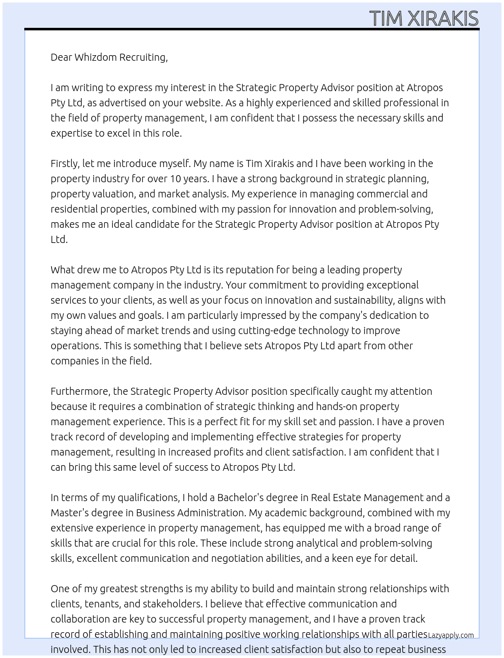 Strategic Property Advisor At Atropos Pty Ltd Cover Letter