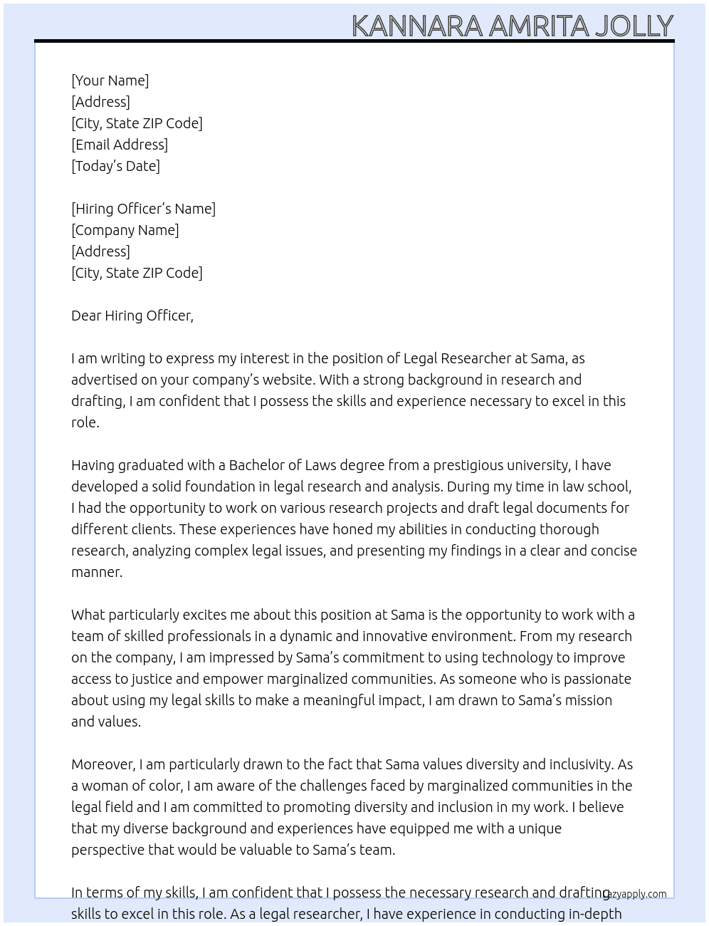 Legal Researcher At Sama Cover Letter