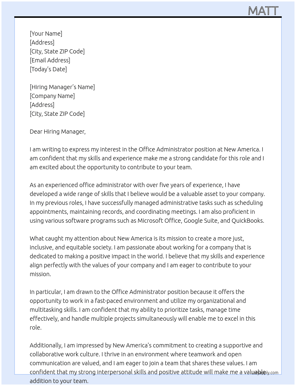 Office administrator  At New America Cover Letter