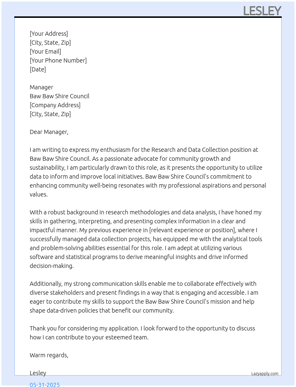 Cover letter for research and data collection - LazyApply