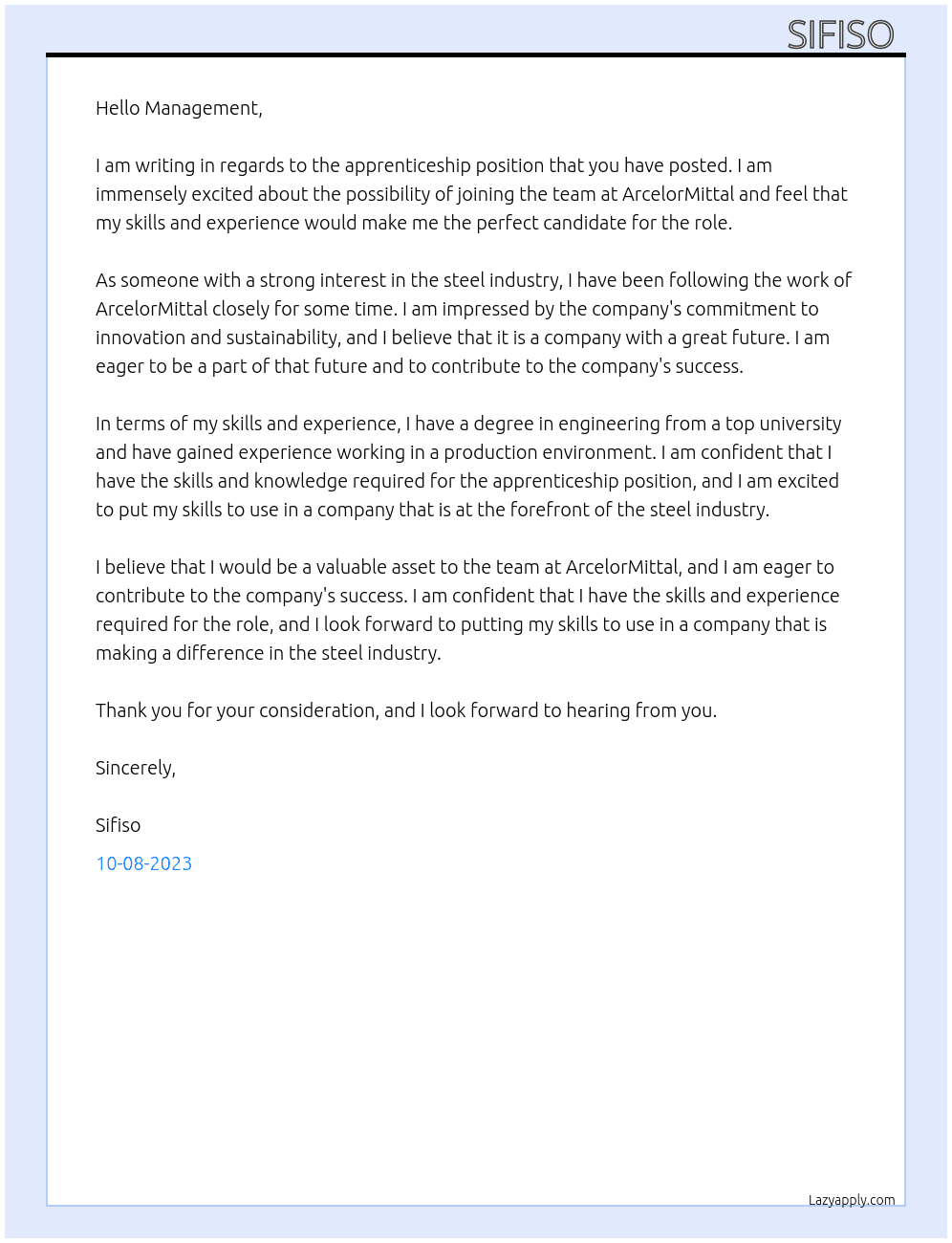 Apprenticeship  At ArcelorMittal Cover Letter