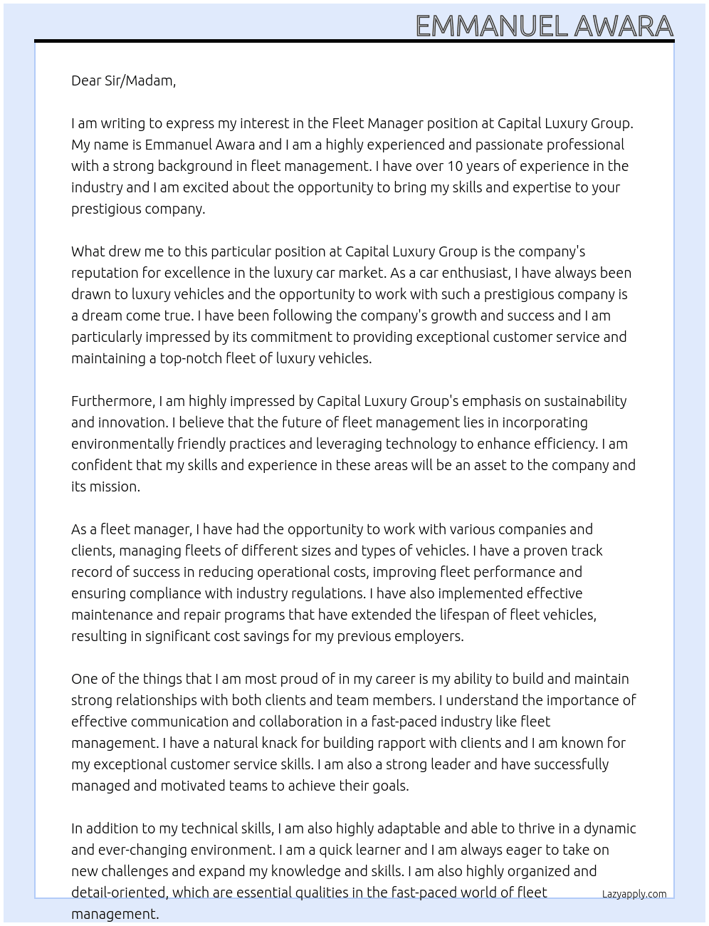 fleet manager At capital luxury group Cover Letter