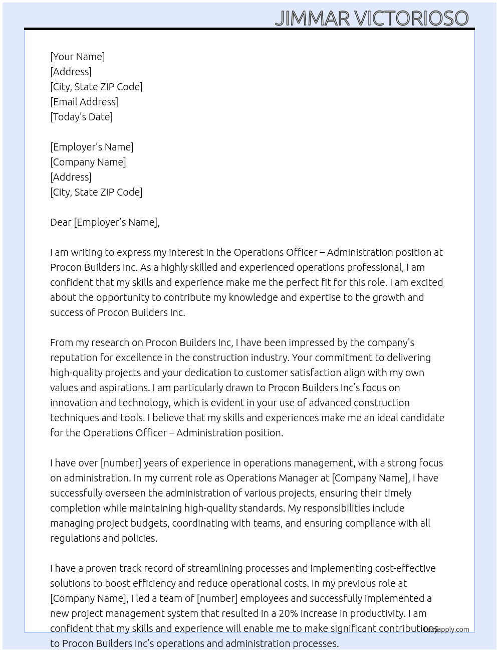 Operations officer - administration At PROCON BUILDERS INC Cover Letter