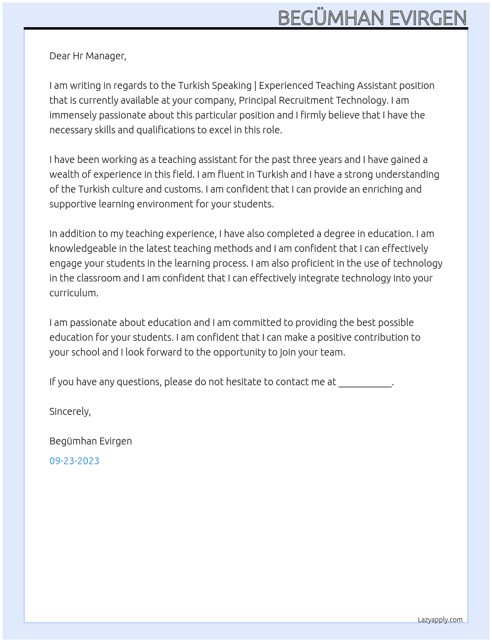 Turkish Speaking | Experienced Teaching Assistant At Principal Recruitment Technology Cover Letter
