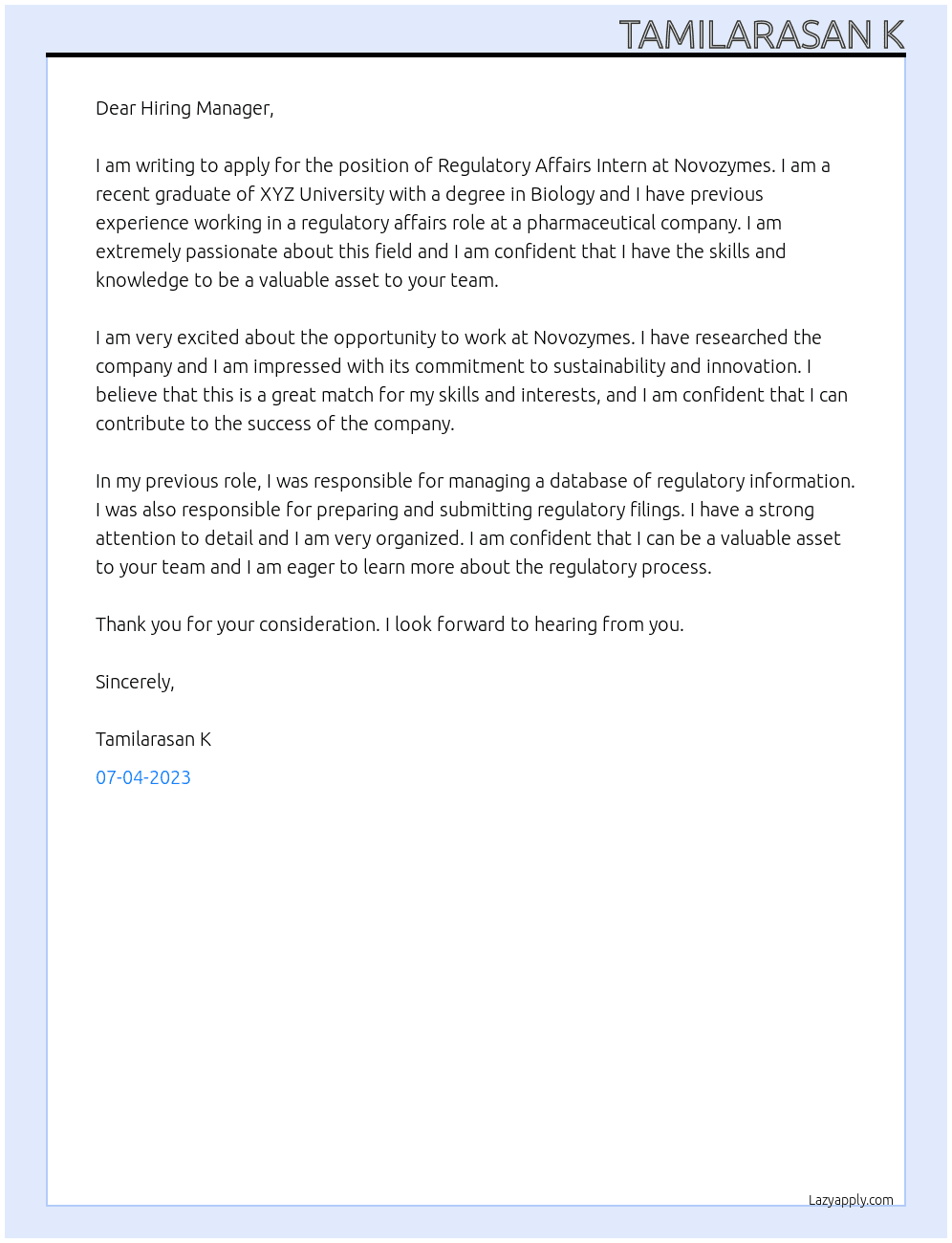 Regulatory affairs intern At Novozymes Cover Letter