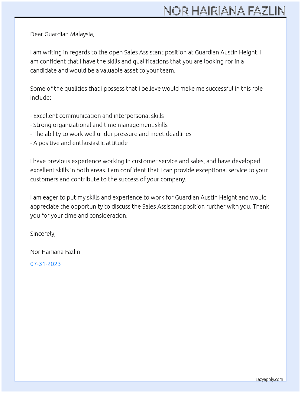 sale assistant At Guardian Malaysia Cover Letter