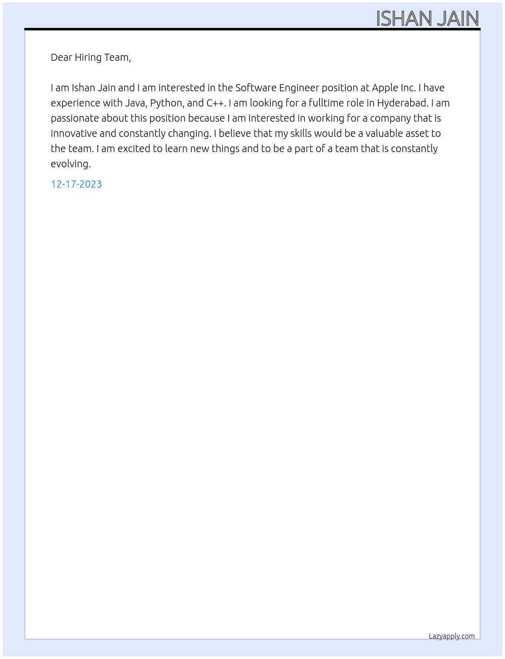 Software Engineer At Apple Inc. Cover Letter