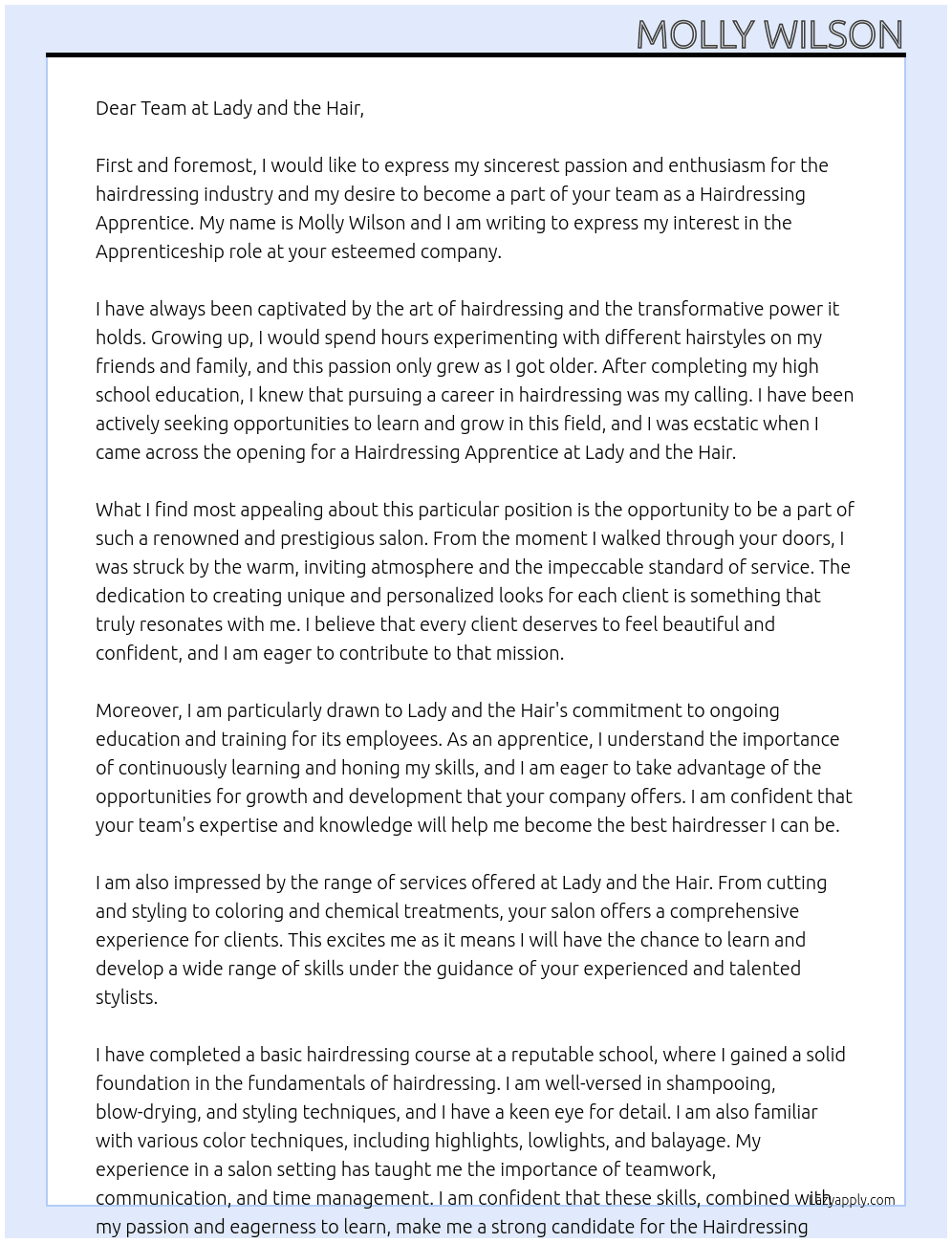 Hairdressing apprentice At Lady and the hair Cover Letter