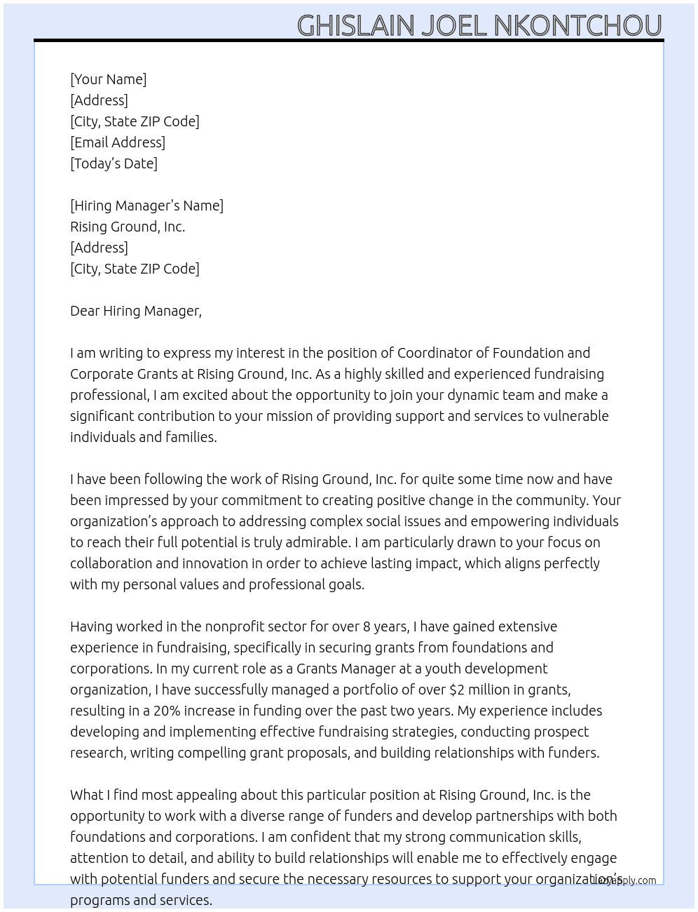 Coordinator of Foundation and Corporate Grants At Rising Ground, Inc Cover Letter