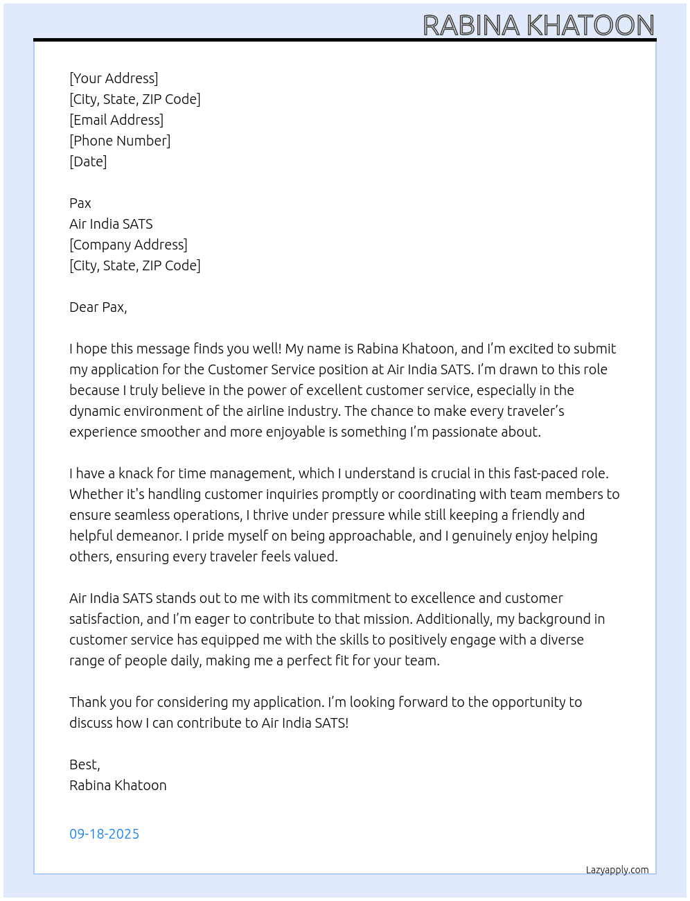 Customer service educated At Air India sats  Cover Letter