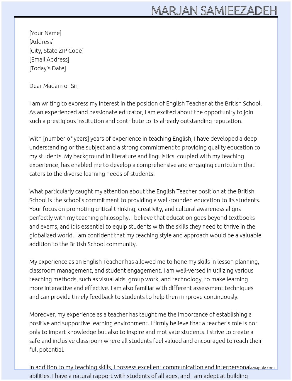 English Teacher  At british School Cover Letter