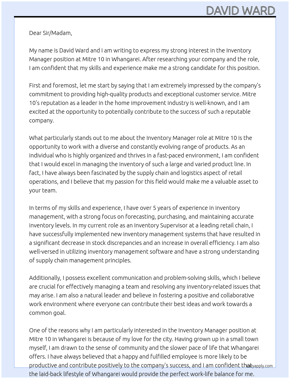 Inventory Manager At Mitre 10 Cover Letter