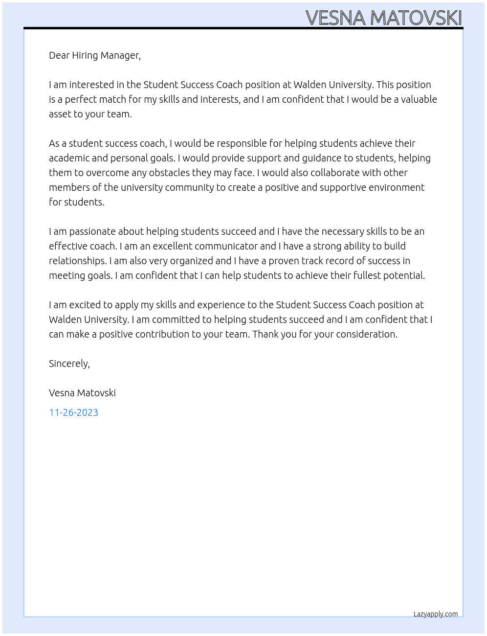 Student Success Coach At Walden University Cover Letter