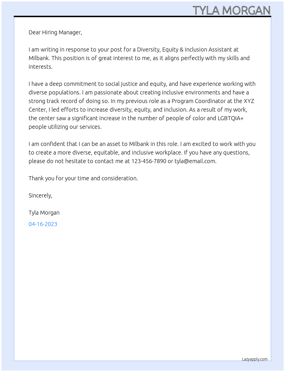 Diversity, Equity & Inclusion Assistant At Milbank Cover Letter