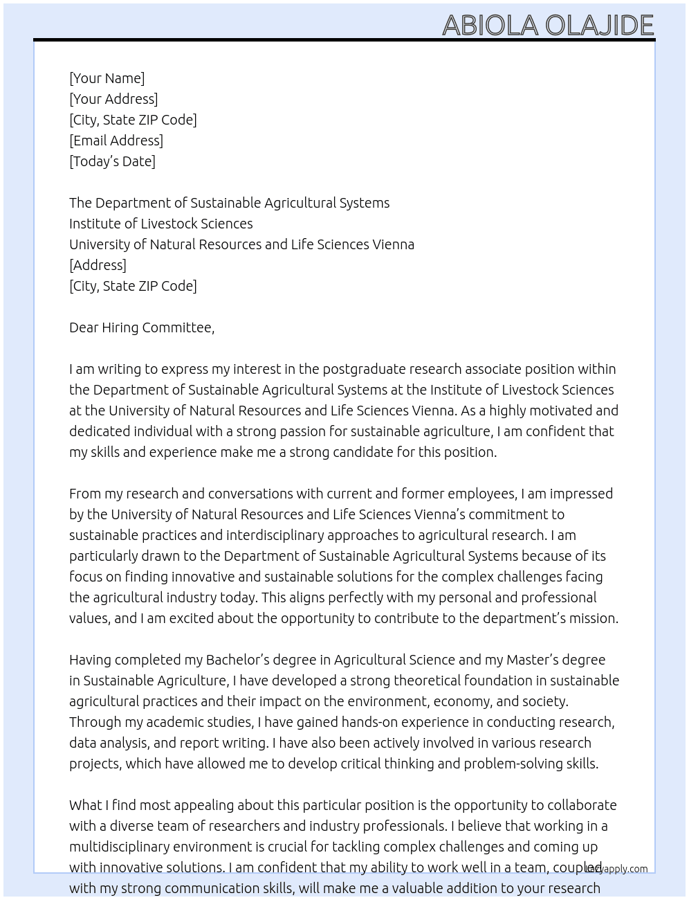 postgraduate research associate At University of Natural Resources and Life Sciences Vienna Cover Letter
