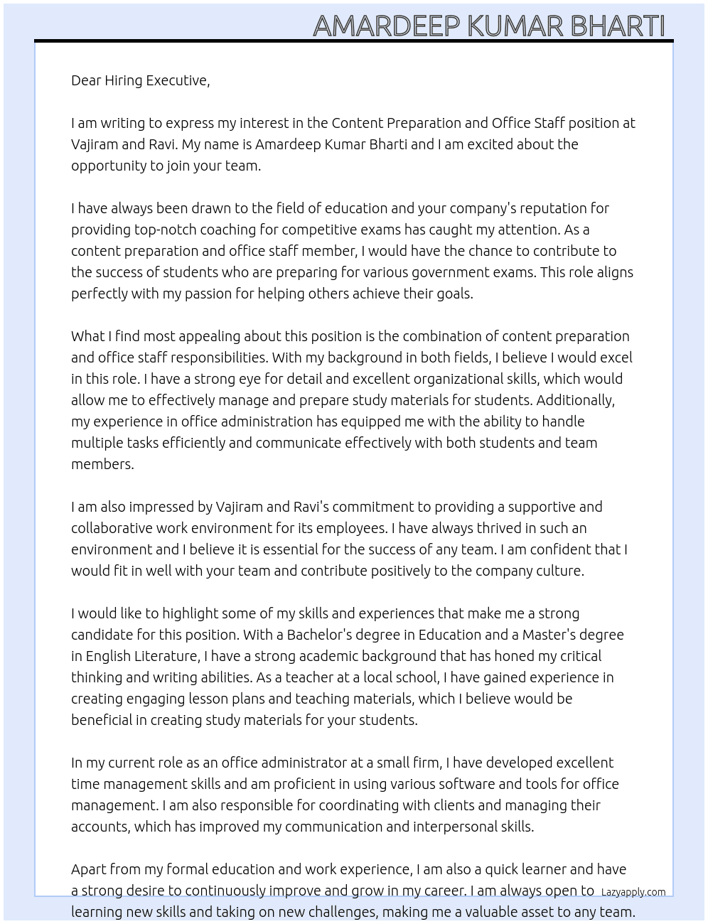 Content prepration and office staff  At Vajiram and Ravi Cover Letter