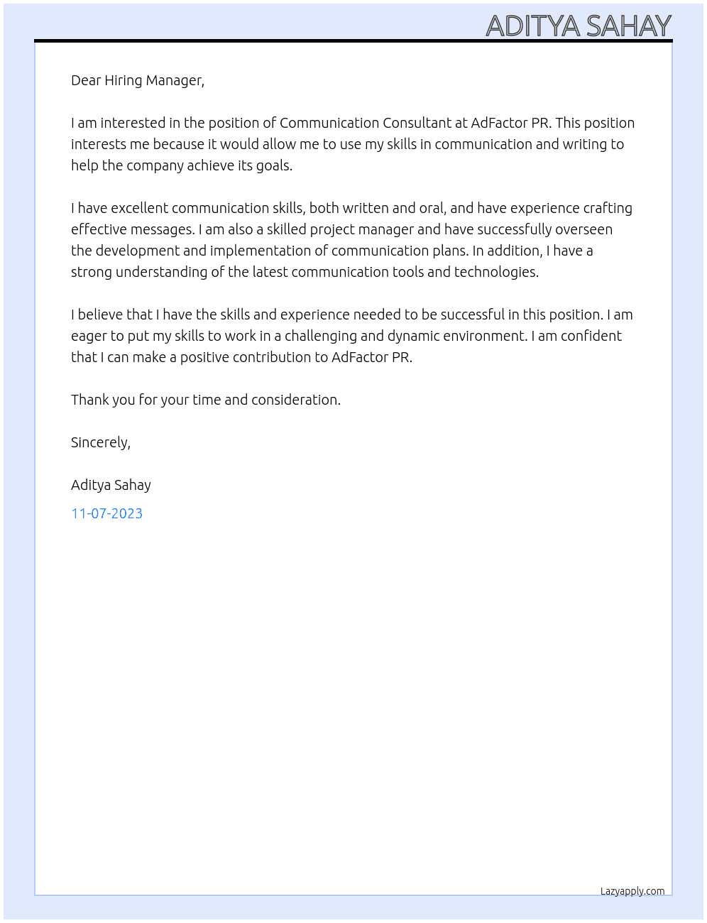 Communication Consultant At AdFactor PR Cover Letter