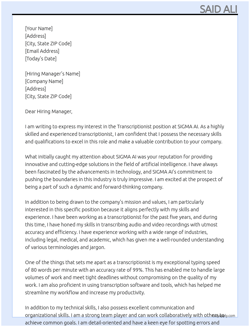 Transcriptionist At SIGMA AI Cover Letter