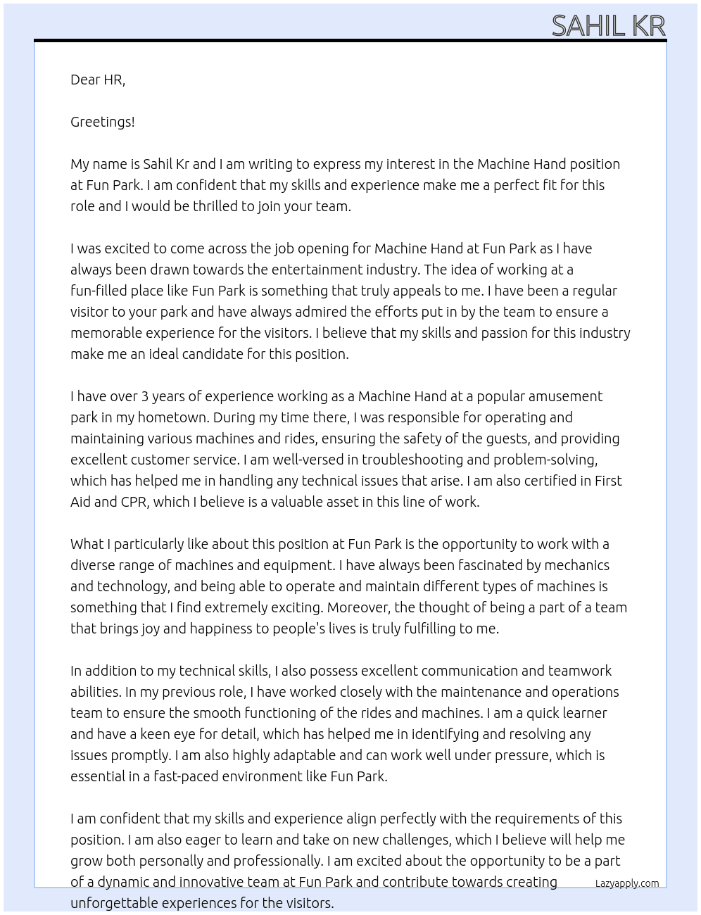 Machine hand At Fun park Cover Letter