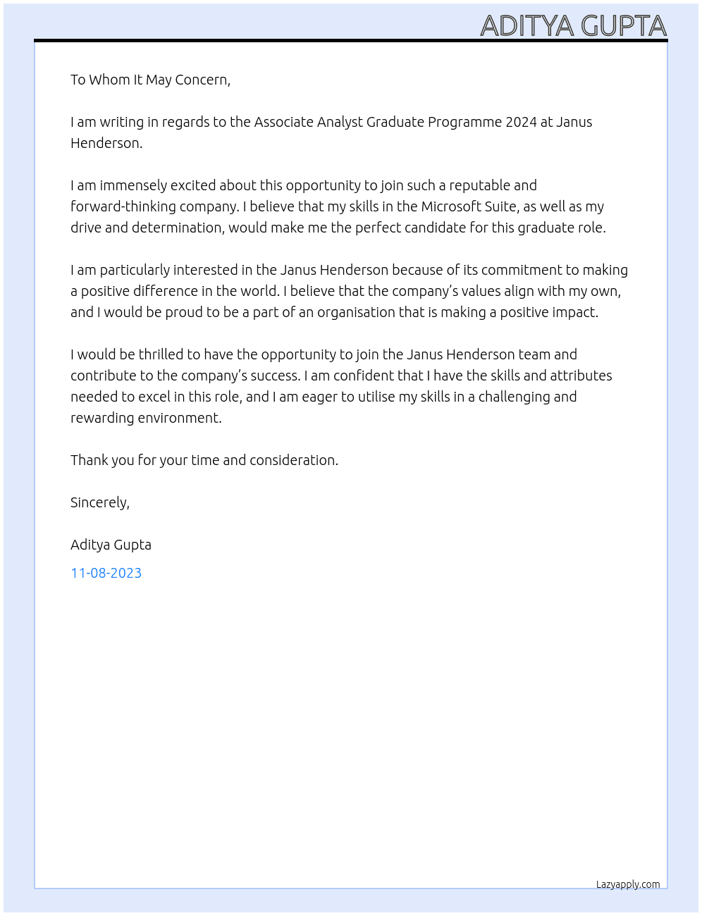 Associate Analyst Graduate Programme 2024 At Janus Henderson Cover Letter