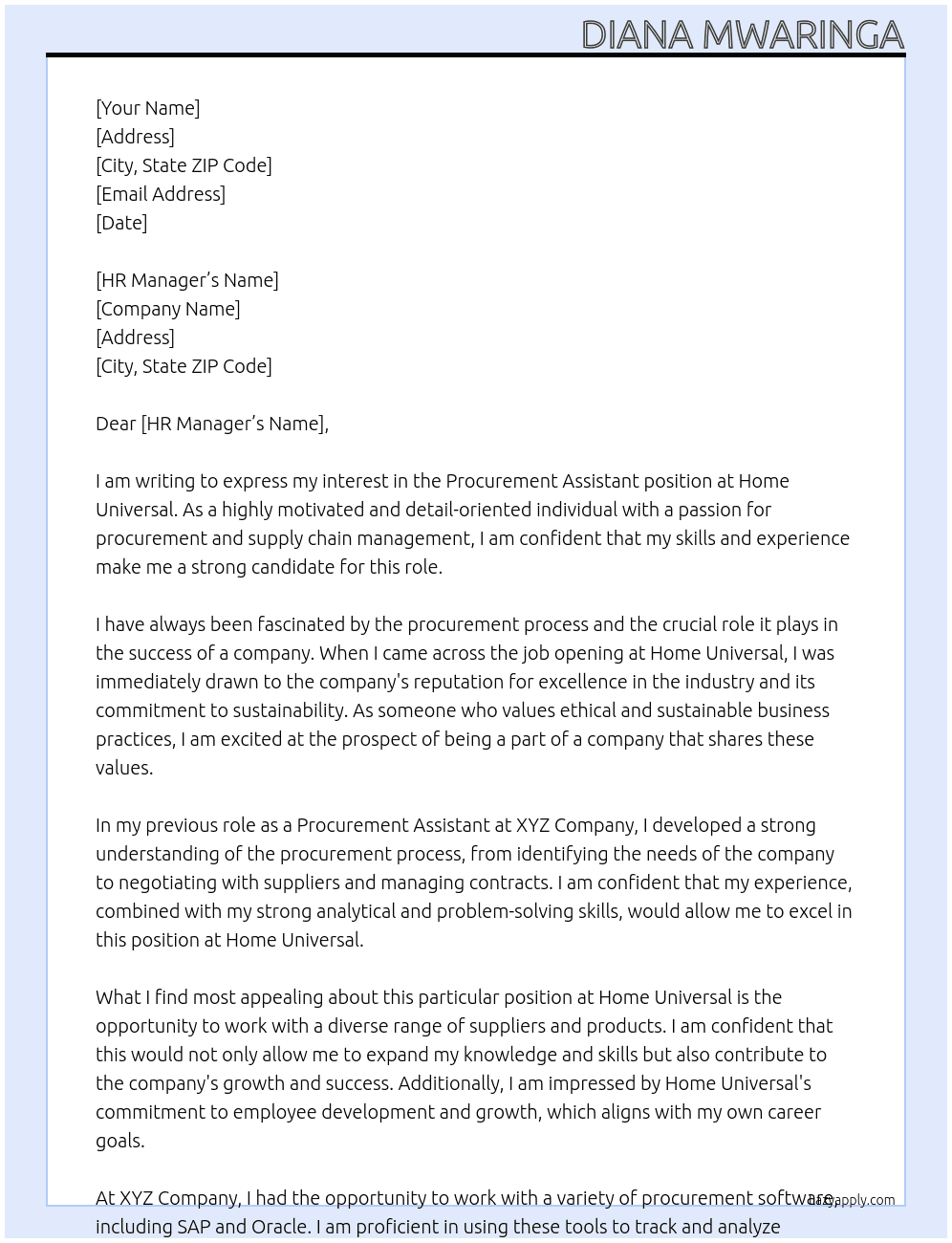 Procurement Assistant At Home Universal Cover Letter