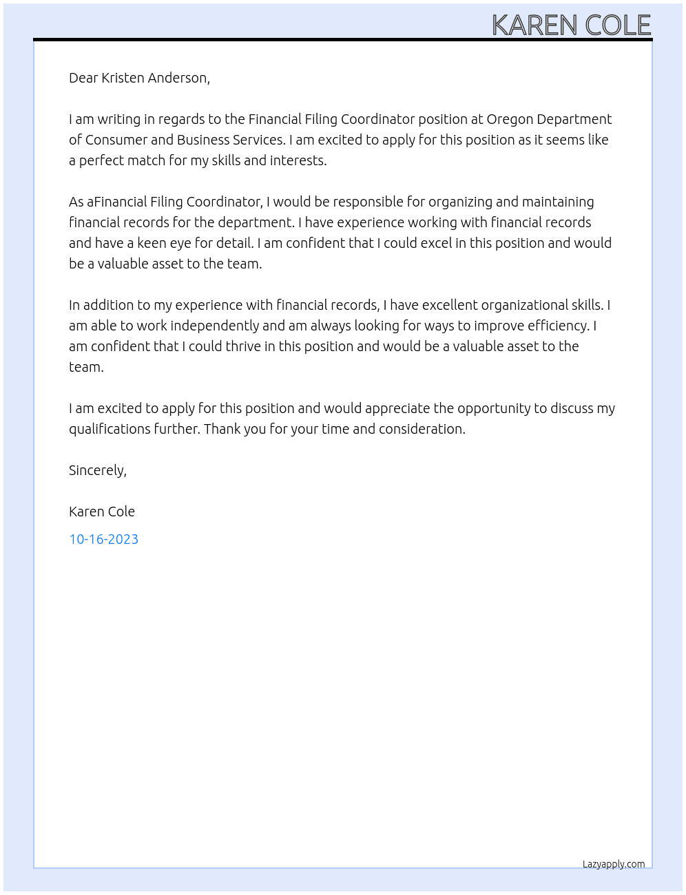 Financial Filing Coordinator At Oregon Department of Consumer and Business Services Cover Letter