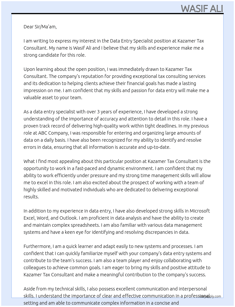 Data Entry Specialist At Kazamer Tax Consultant Cover Letter