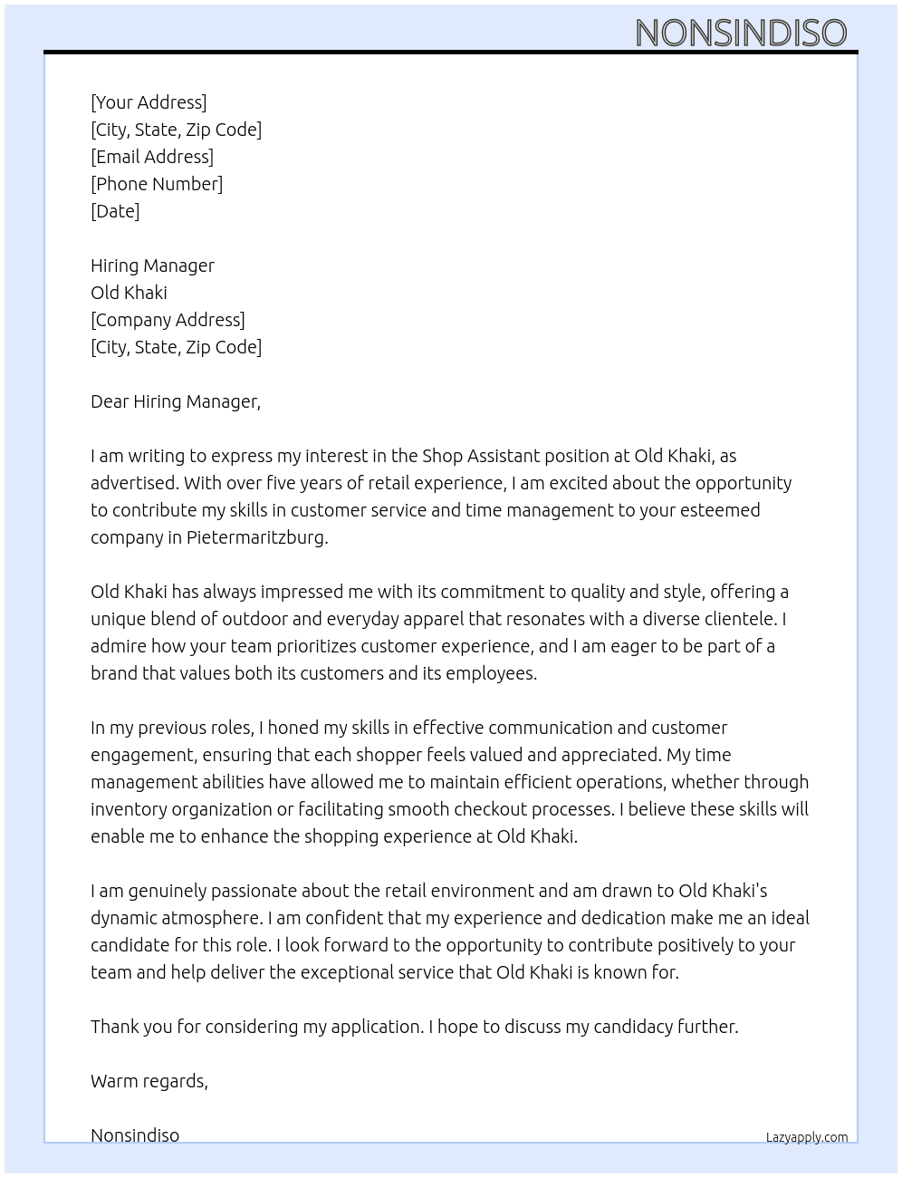 Shop Assistant  At Old Khaki  Cover Letter