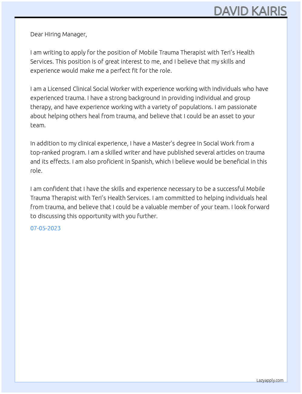 Mobile Trauma Therapist At Teri's Health Services Cover Letter