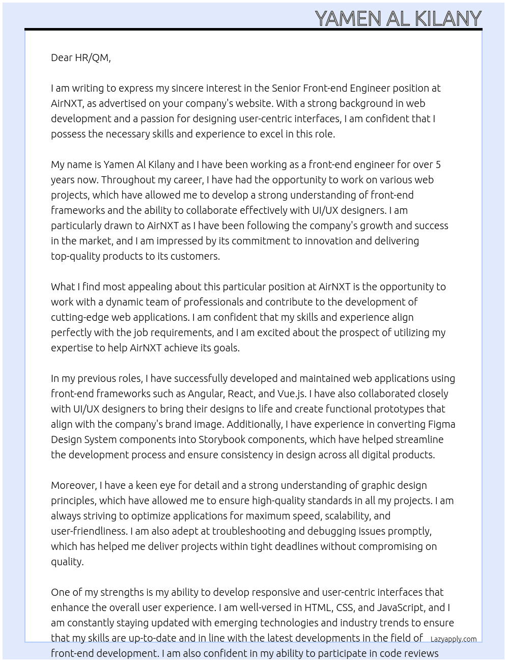  Senior Front-end Engineer At AirNXTAirNXT Cover Letter
