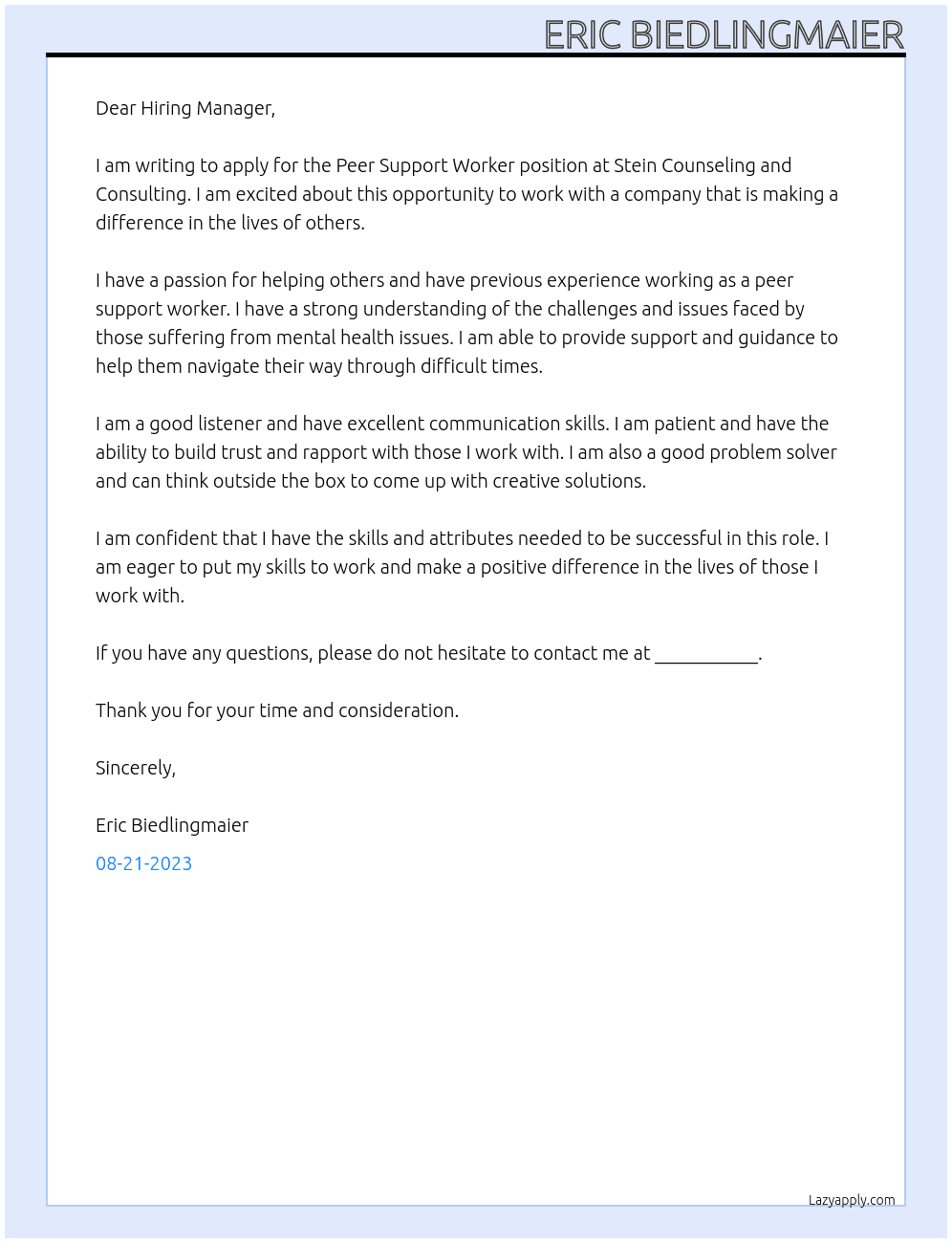 Peer Support Worker At Stein Counseling and Consulting Cover Letter