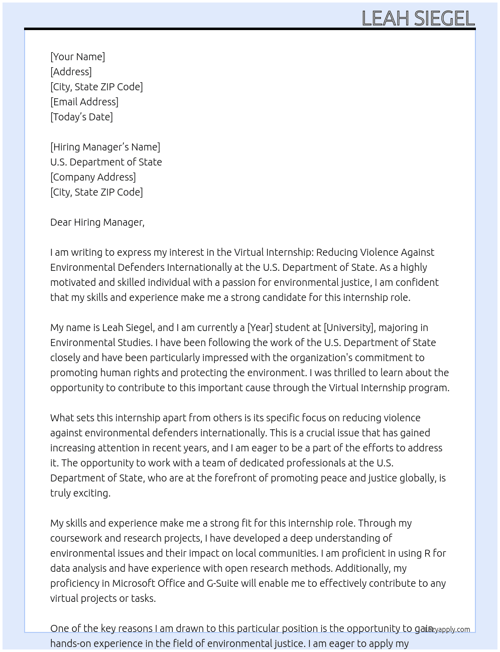 Virtual Internship: Reducing Violence Against Environmental Defenders Internationally At U.S. Department of State Cover Letter