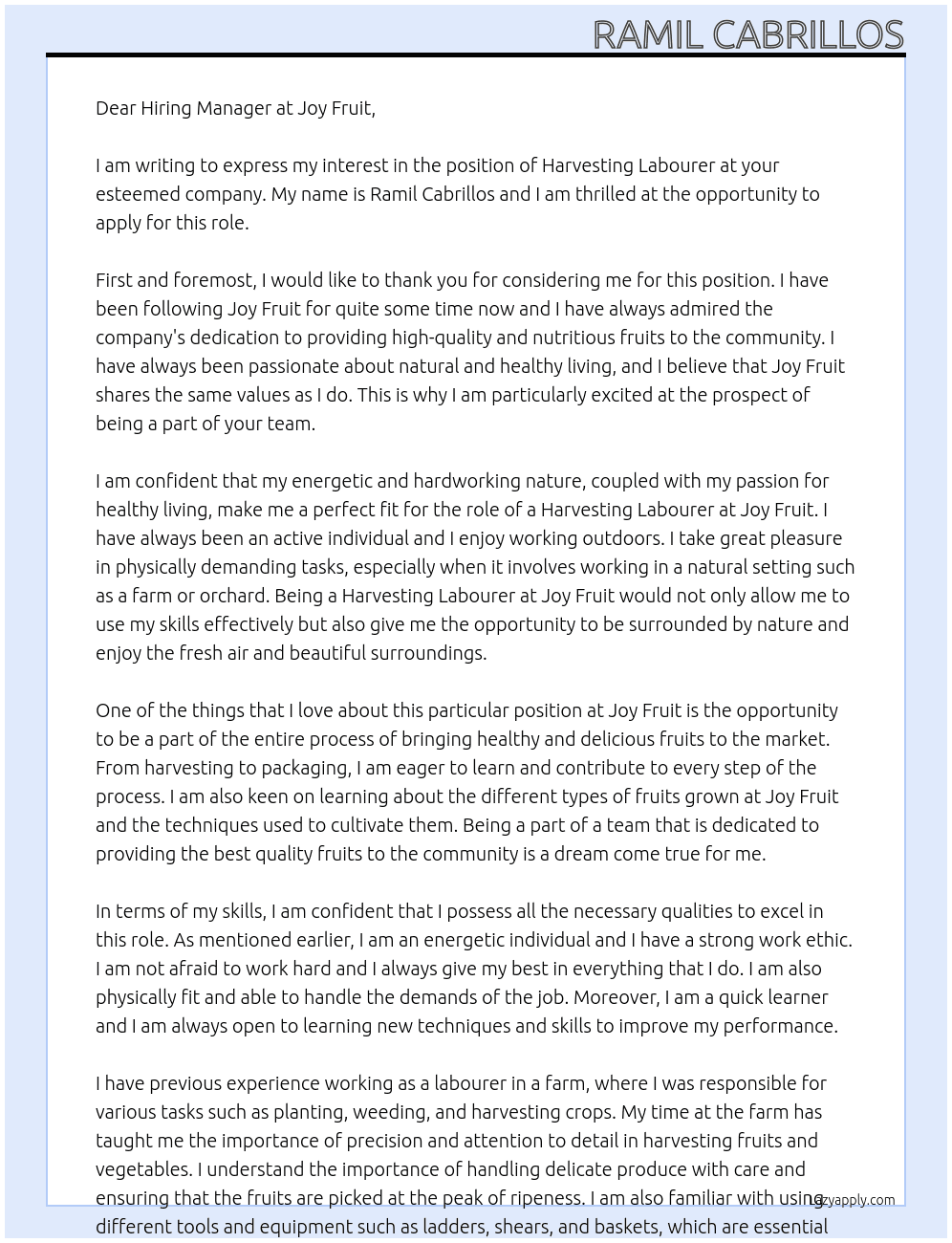 harvesting labourer At joy fruit Cover Letter
