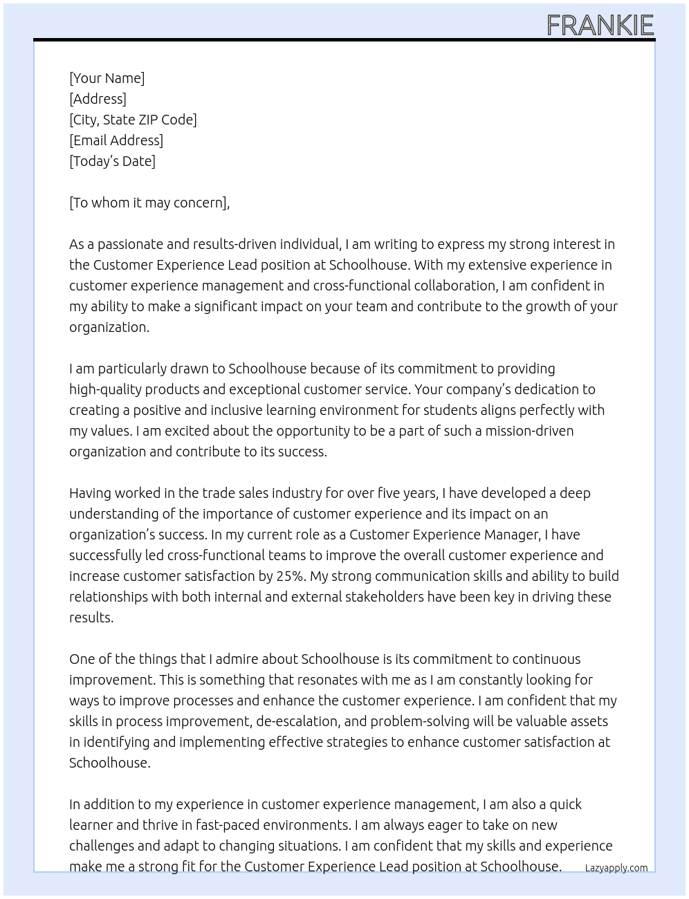 Customer Experience Lead, Trade Sales At Schoolhouse Cover Letter