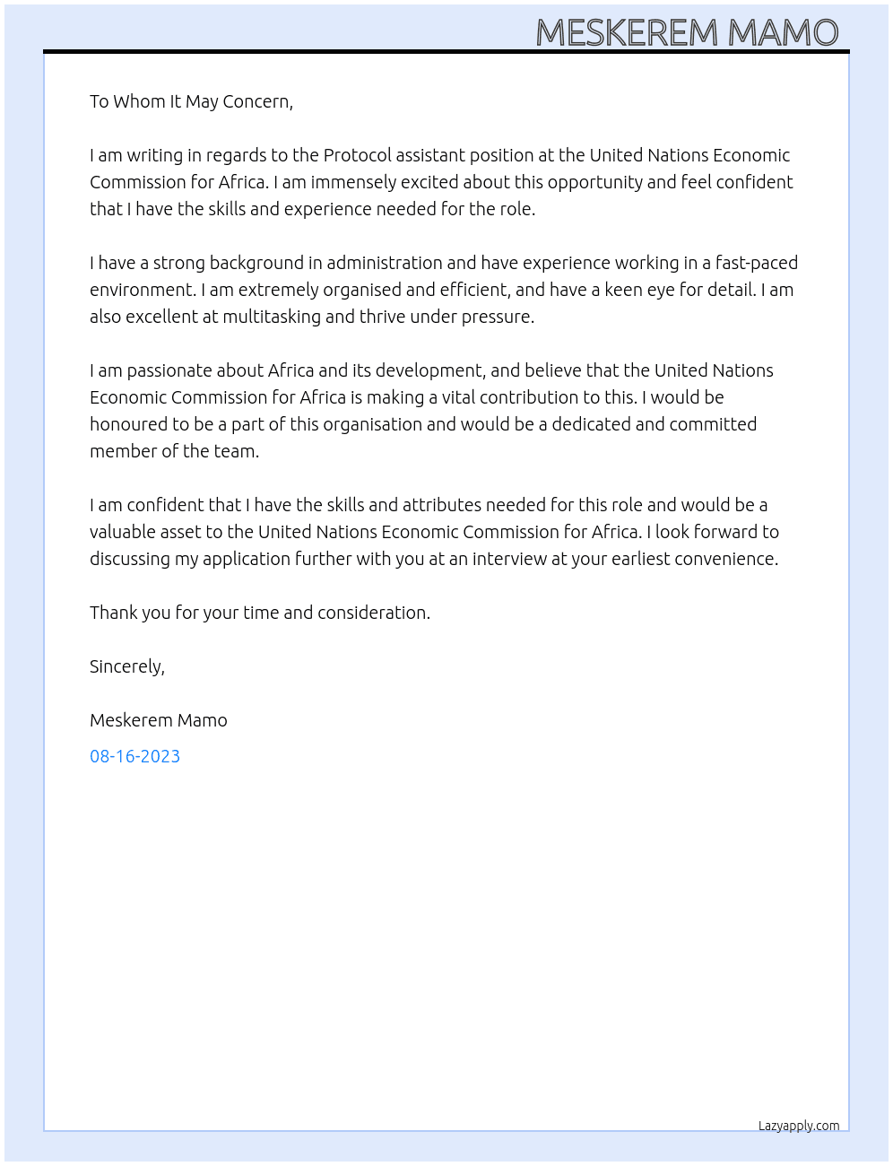 Protocol assistant  At United Nations  Economic Commission for Africa  Cover Letter