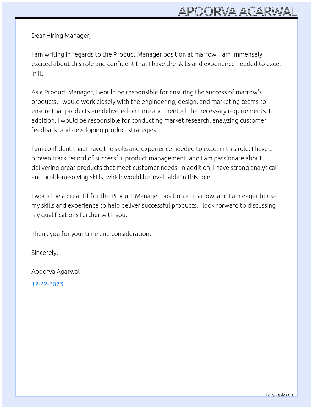 product manager At marrow Cover Letter