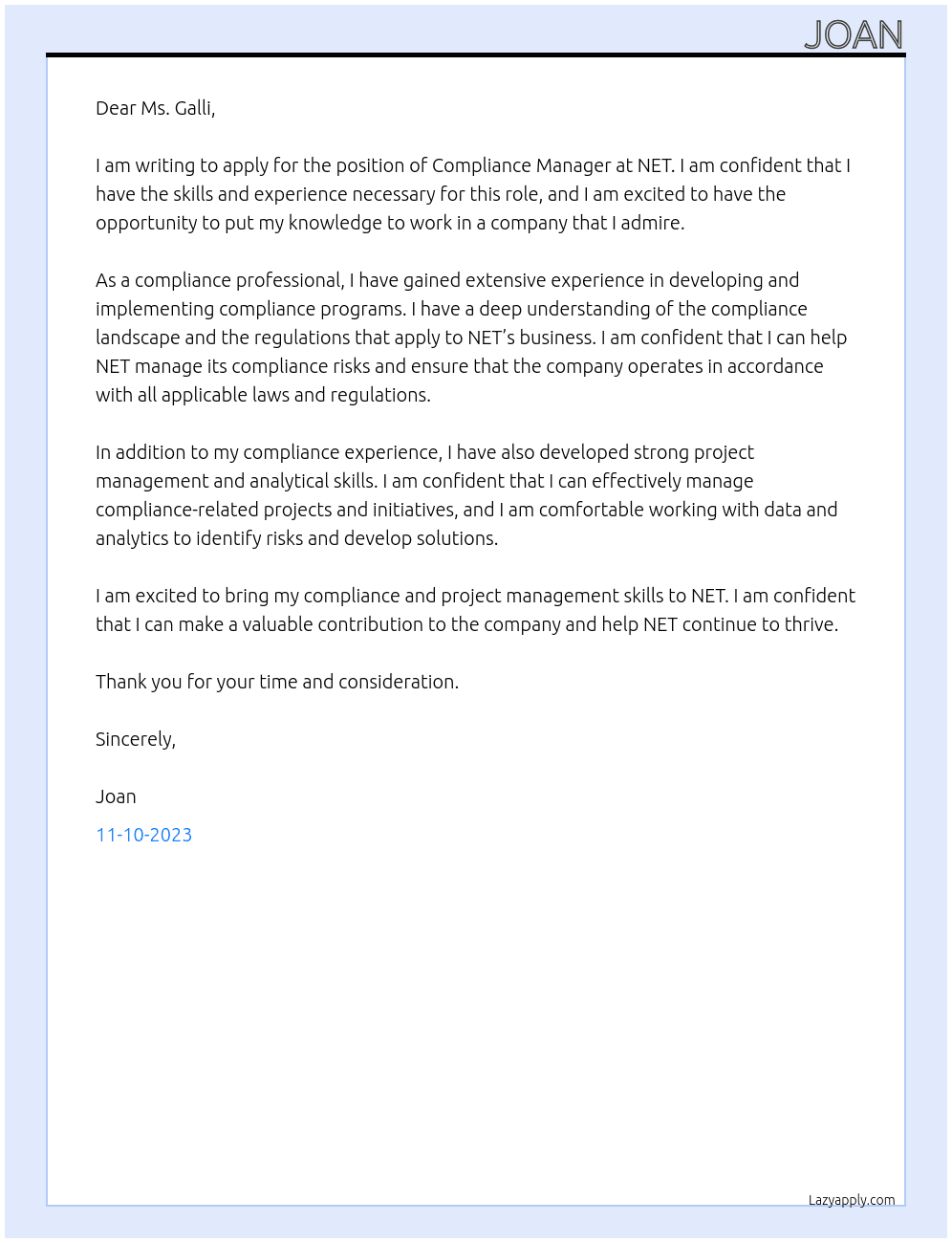 Compliance Manager At NET Cover Letter