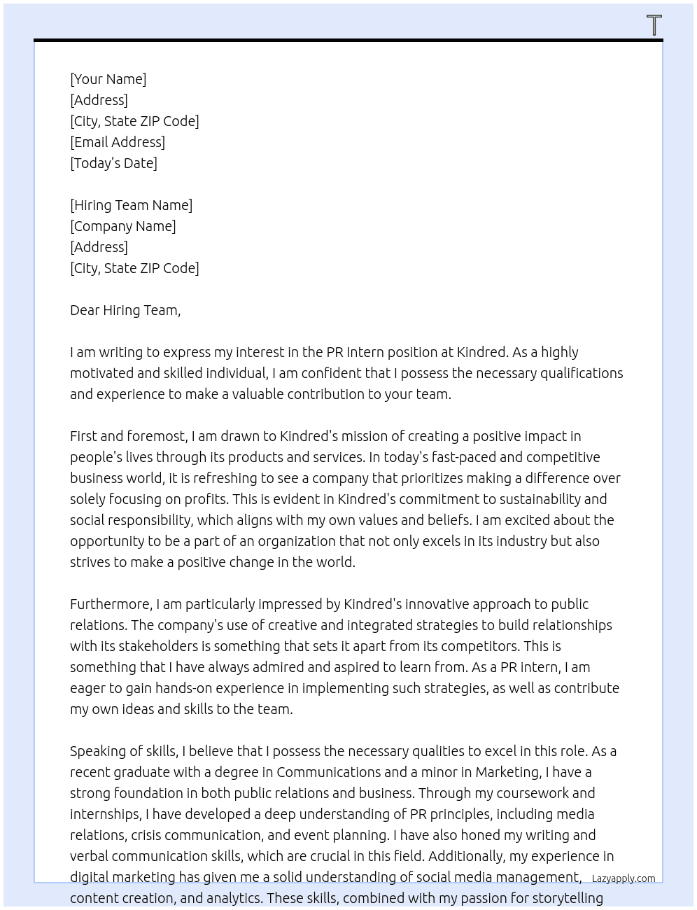 PR Intern  At Kindred Cover Letter