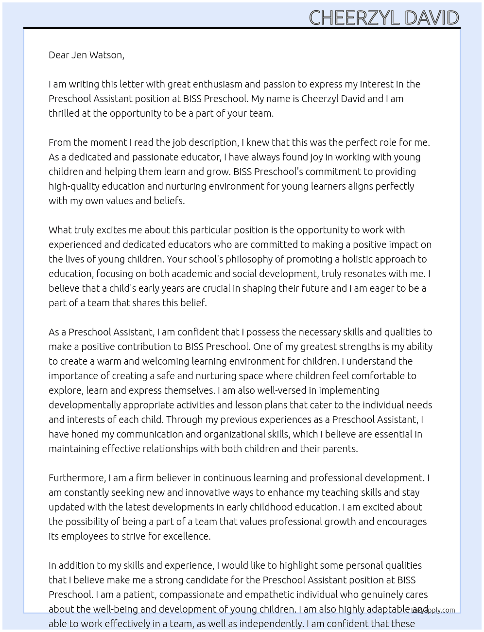 Preschool Assistant At BISS Preschool Cover Letter