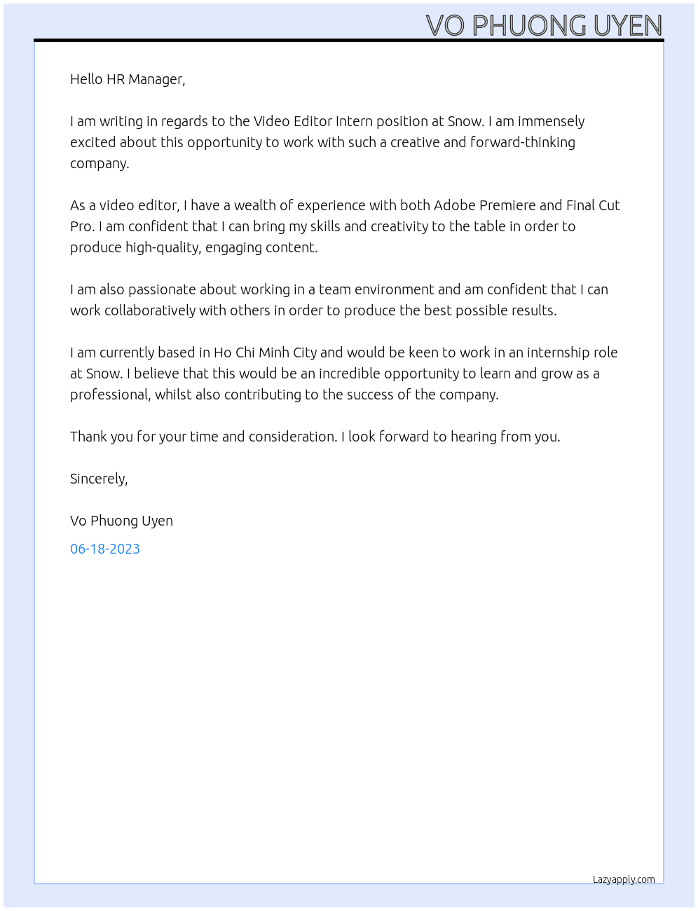 Video Editor Intern At Snow Cover Letter