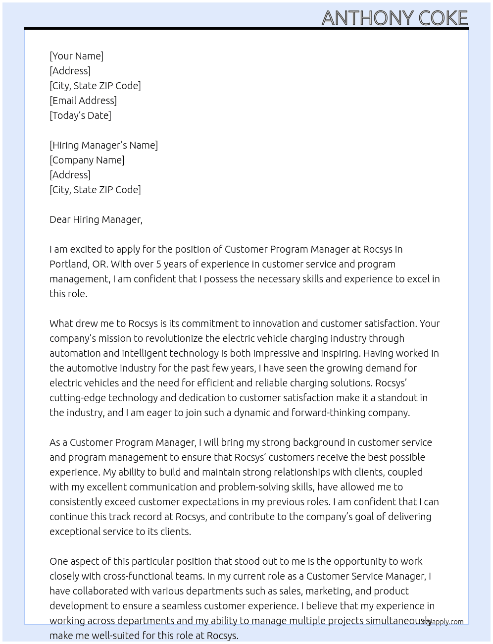 Customer Program Manager (USA) At Rocsys - Portland, OR, US Cover Letter
