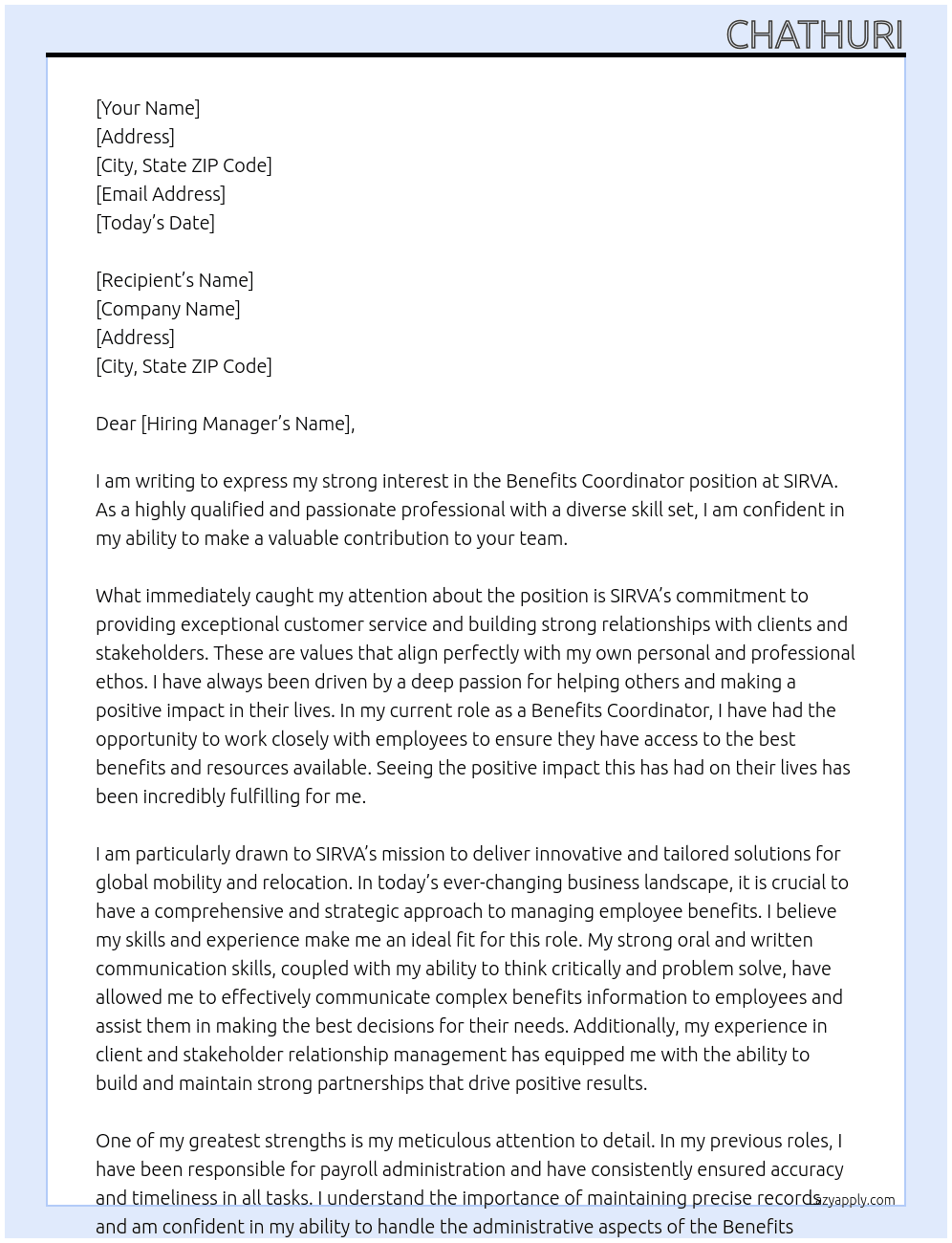 Benefits Coordinator At SIRVA Cover Letter