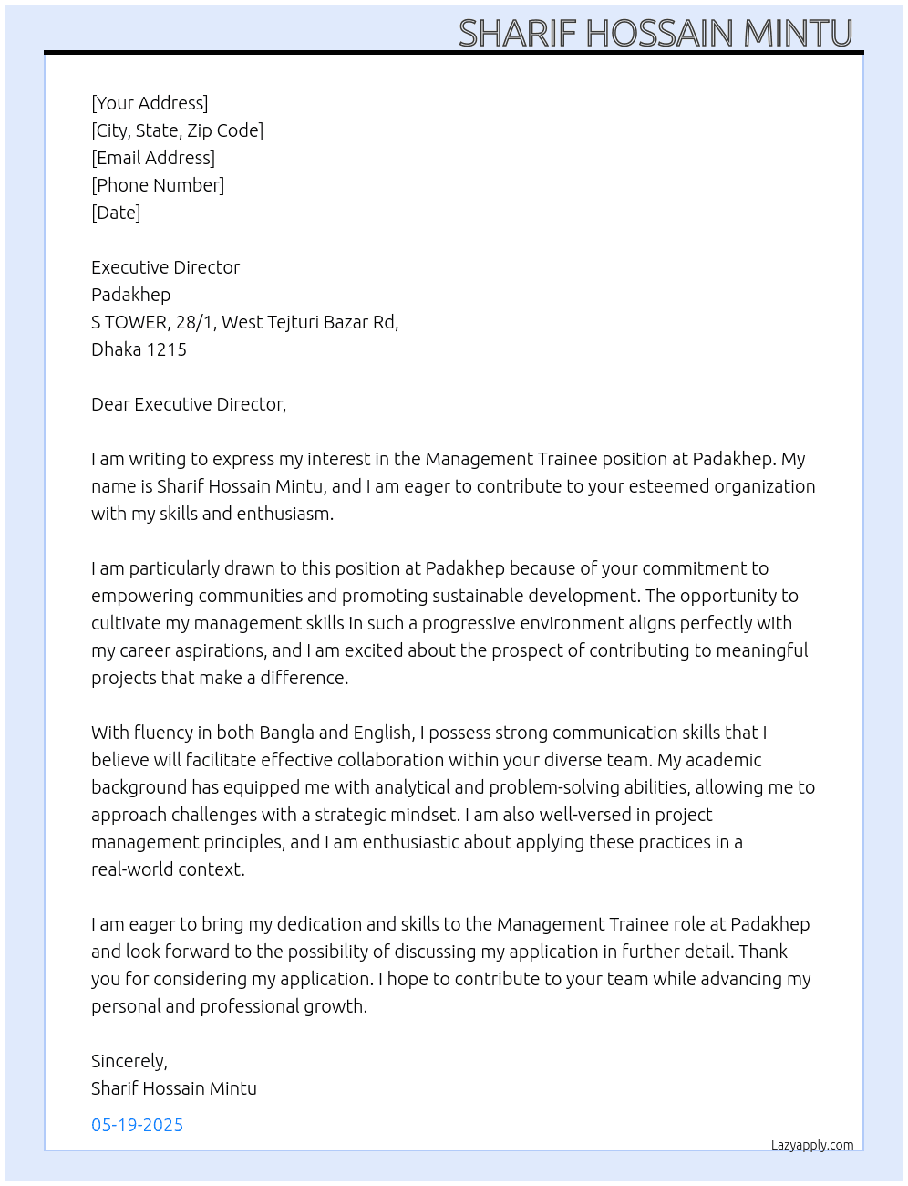 Management trainee At Padakhep Cover Letter
