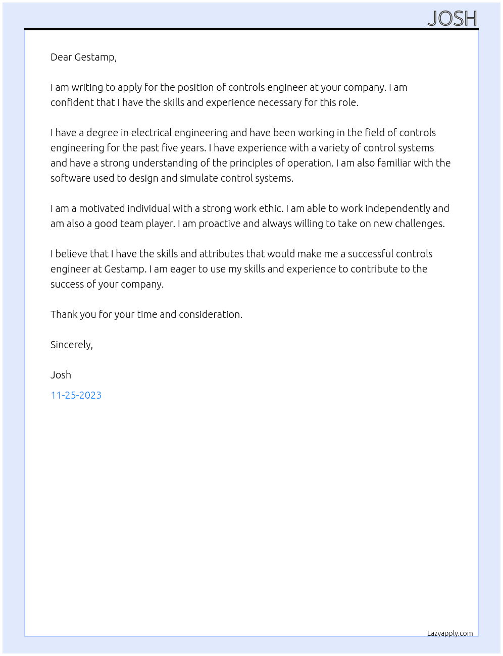 controls engineer At gestamp Cover Letter