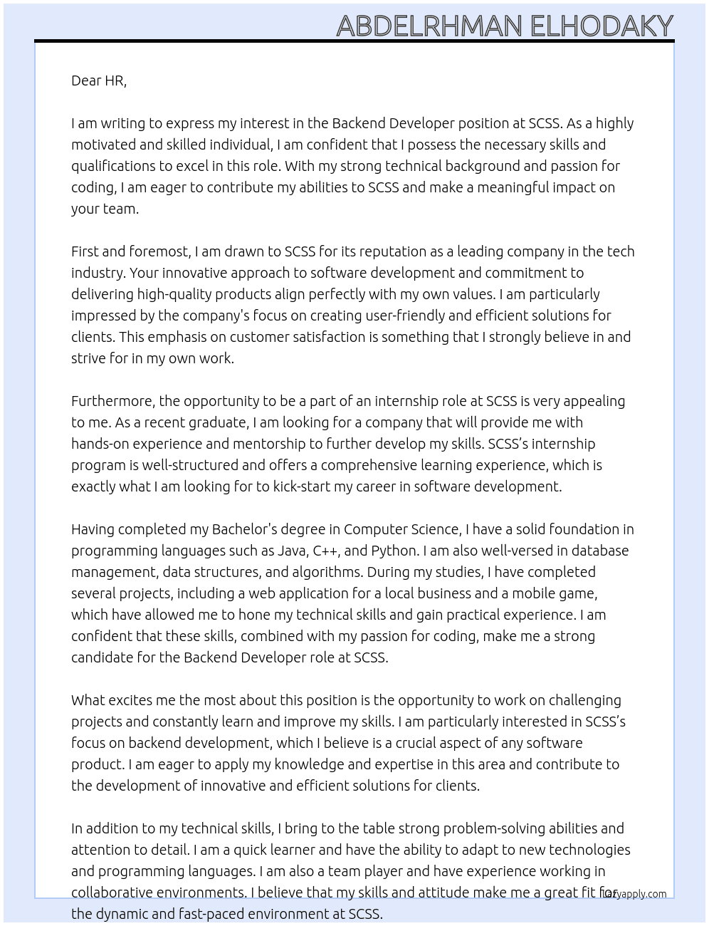 Backend Developer At scss Cover Letter