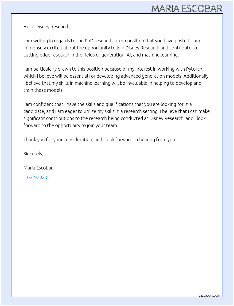 PhD research intern At Disney Research Cover Letter