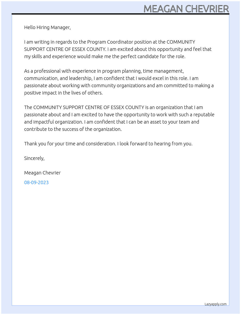 Program Coordinator At COMMUNITY SUPPORT CENTRE OF ESSEX COUNTY Cover Letter
