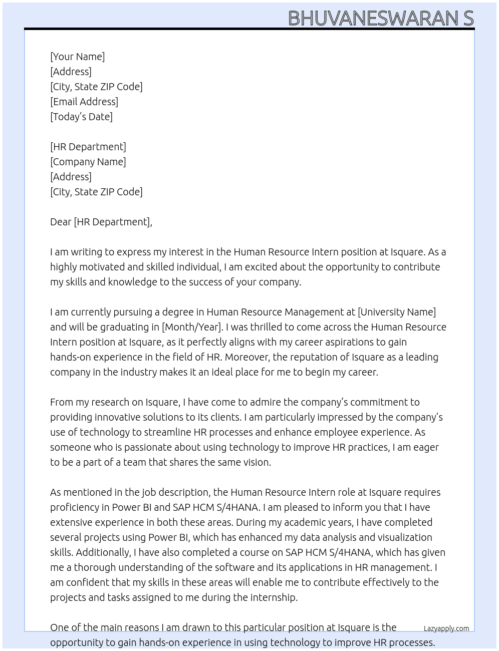 Human resource intern At Isquare Cover Letter