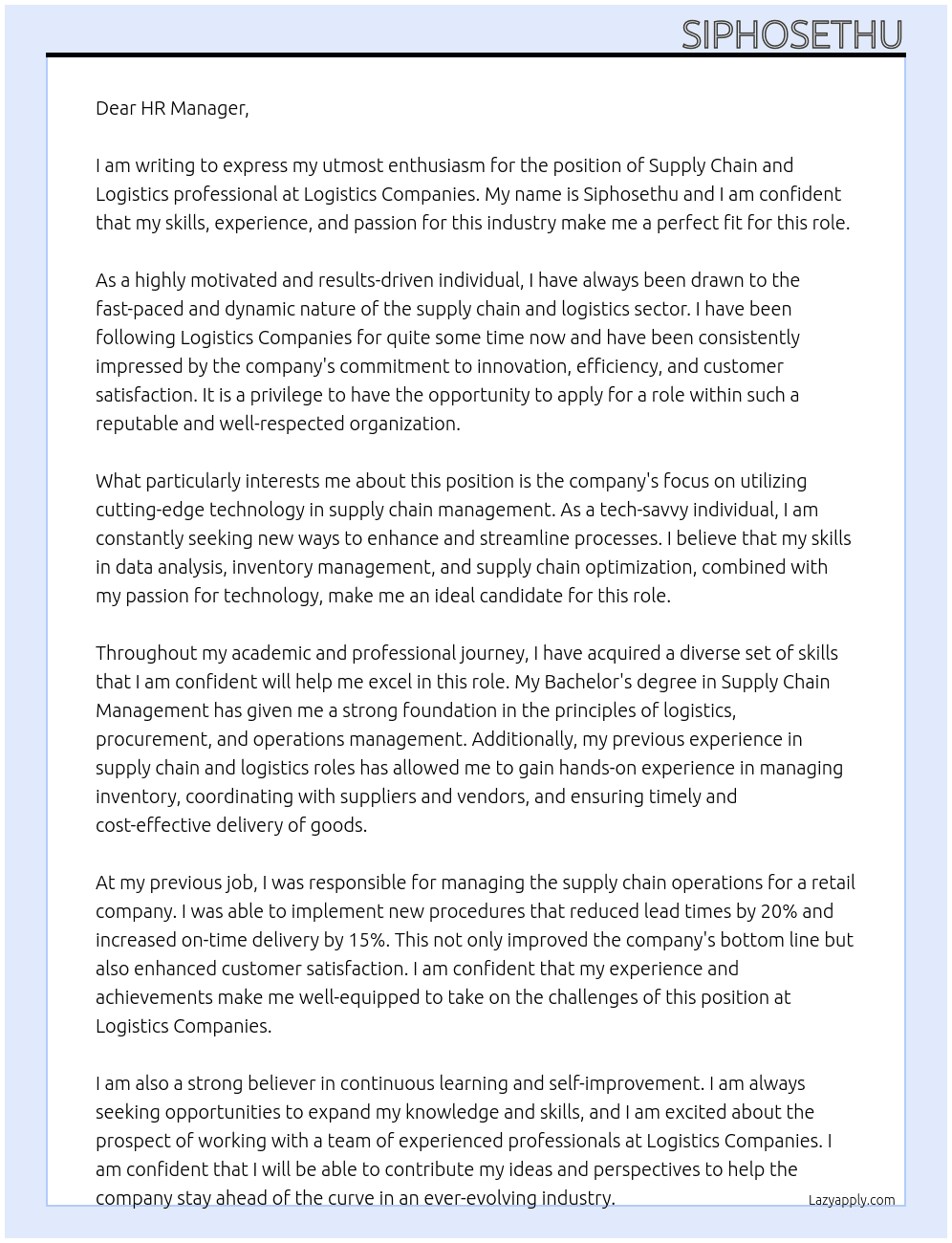 Supply chain and logistics sector At Logistics companies Cover Letter