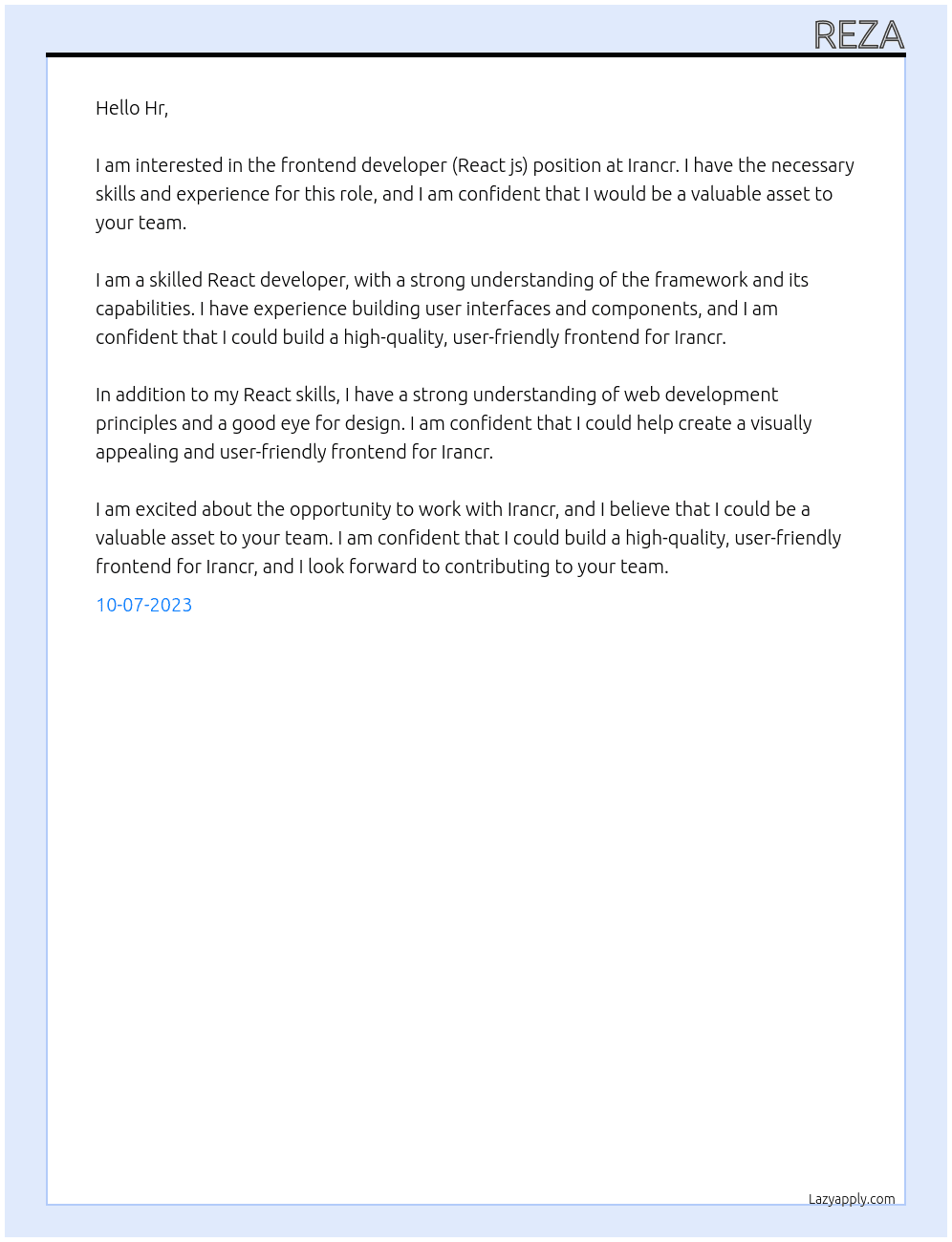Frontend developer (React js) At Irancr Cover Letter